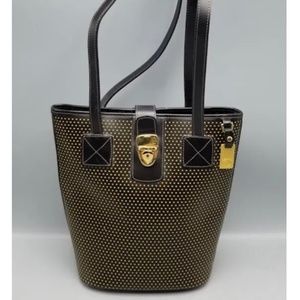 Dooney and Bourke Black Yellow Cabrio Leather Bucket Bag Purse Shoulder Bag.